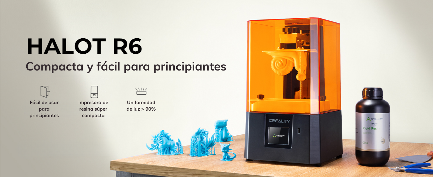 La Creality Halot R6 se consolida como la impresora 3D de resina definitiva para diseñadores, joyeros y creadores de modelos que priorizan la precisión milimétrica y la calidad de impresión. Este equipo fusiona tecnología de vanguardia con una operación simplificada, creando una solución accesible tanto para principiantes como para profesionales exigentes. Su capacidad para producir piezas con detalles exquisitos la convierte en la herramienta perfecta para quienes desarrollan proyectos que requieren acabados impecables, ofreciendo un rendimiento profesional en un formato compacto y fácil de usar.